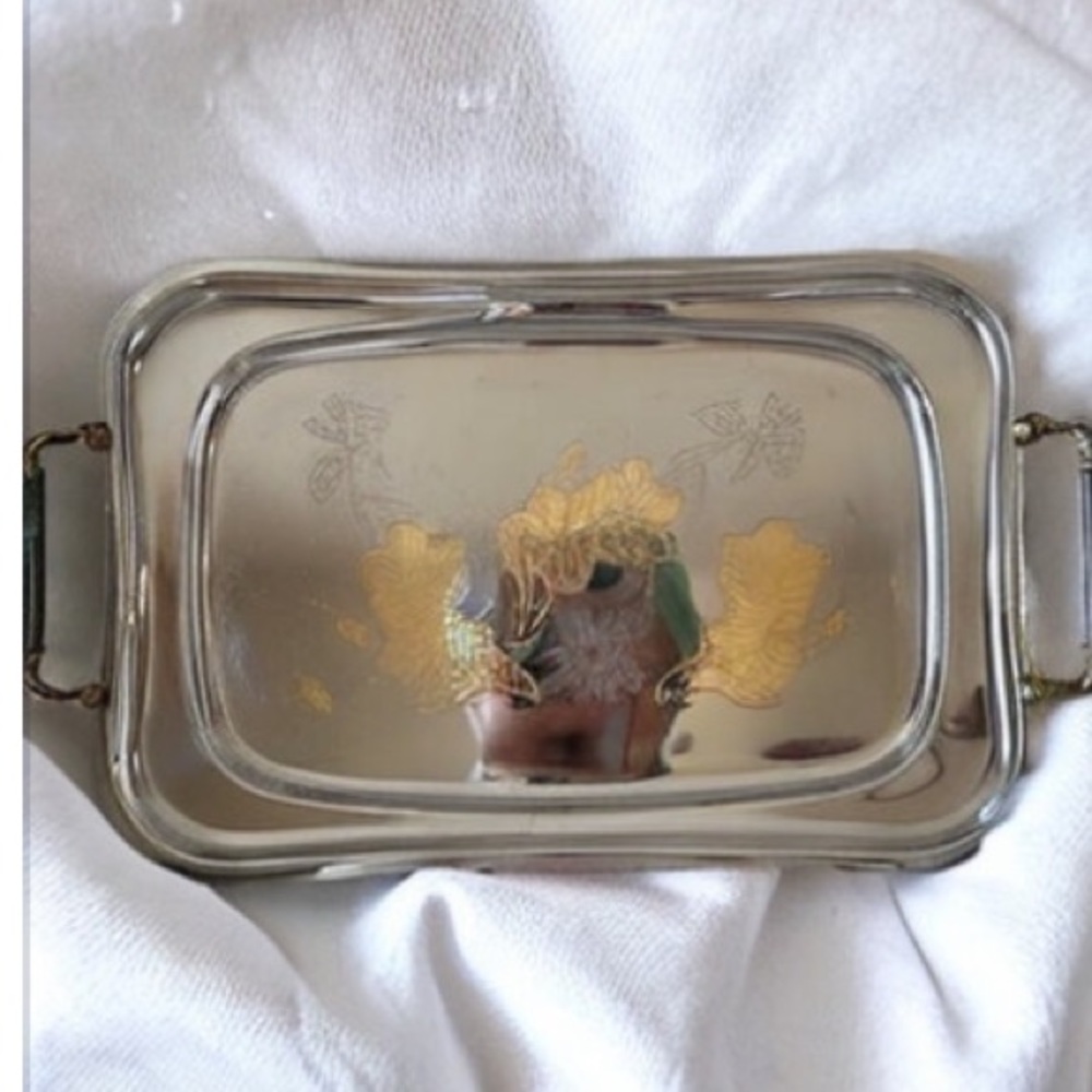 Elegant Silver Tray with Gold Floral Design - Picture 2 of 9